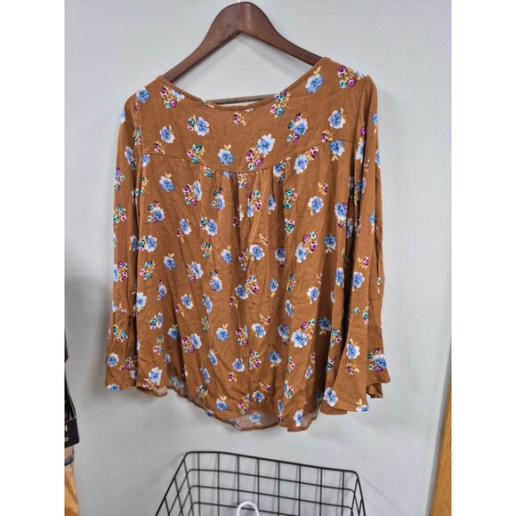 Olive & Leaf Womens Floral Tie-Front Blouse S Brown/Blue Rayon - Picture 5 of 5